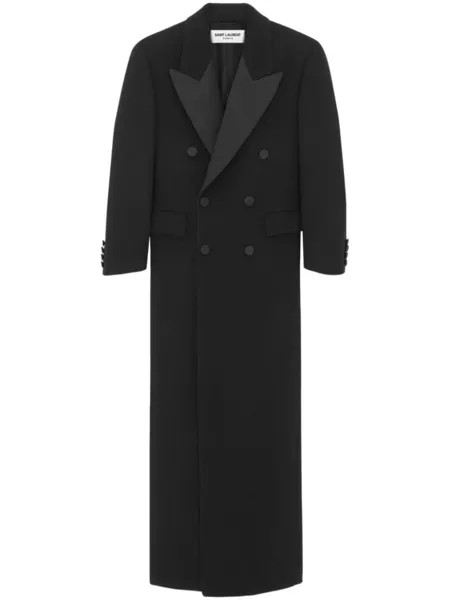 Saint Laurent длинное двубортное пальто из шерсти, черный