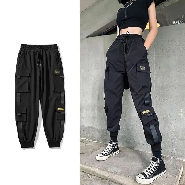 Уличная одежда Черные брюки Женщины Корейский стиль Эластичная талия Спортивные штаны Мешковаты Летние осенние хип-хоп харадзюку Брюки
