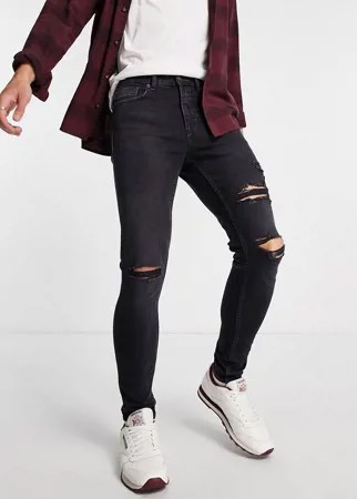 Черные выбеленные джинсы зауженного кроя с очень рваной отделкой New Look-Голубой