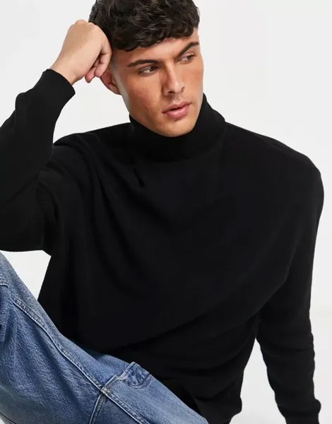 Легкий черный свитер с высоким воротником в рубчик ASOS