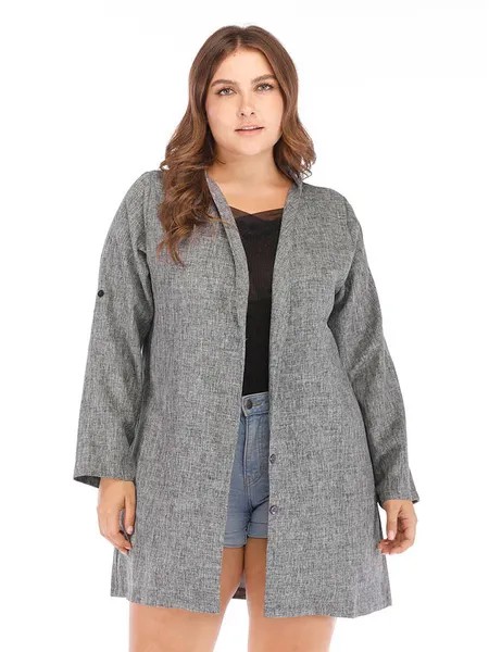 Milanoo Plus Size Coat For Women Grey Long Sleeves Buttons Cotton Polyester Wind-Proof Oversized Coa