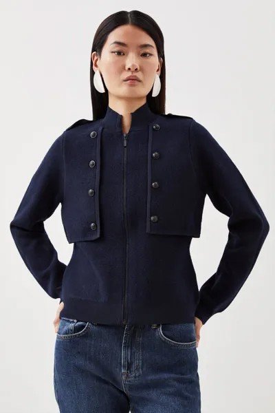 Компактная трикотажная куртка в стиле милитари из смесовой шерсти Karen Millen, темно-синий