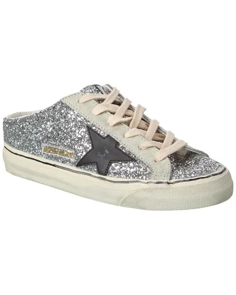 Кроссовки Golden Goose Superstar Sabot с блестками и замшей, серебро