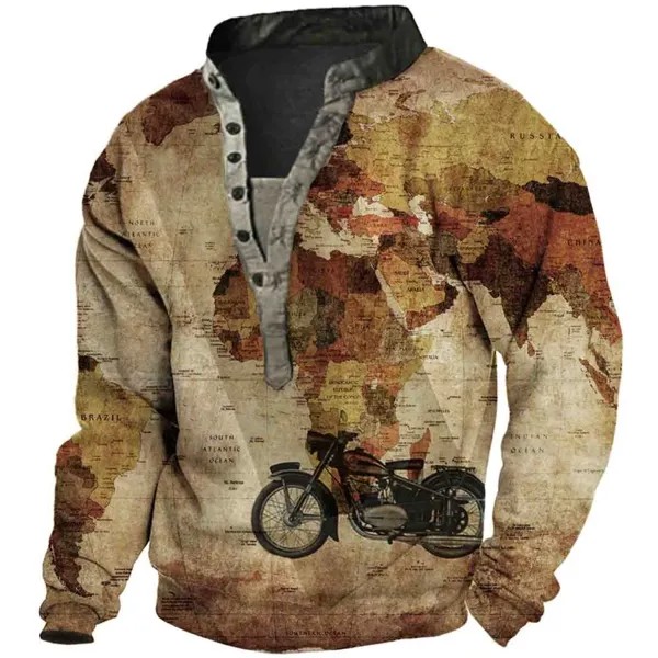 Мужская винтажная мотоциклетная толстовка с воротником на пуговицах и картой мира