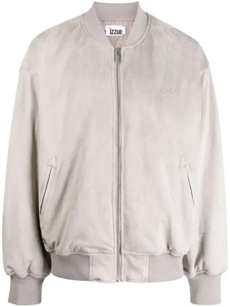 Izzue text-embroidered velvet-finish bomber jacket, серый