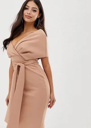 Платье-футляр миди с открытыми плечами и поясом ASOS DESIGN Petite-Черный