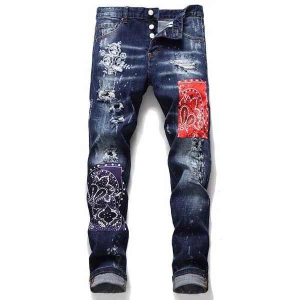 Джинсы мужские рваные плиссированные, модные брюки стрейч из денима в стиле пэчворк, с значком, потертые, размеры 30-38