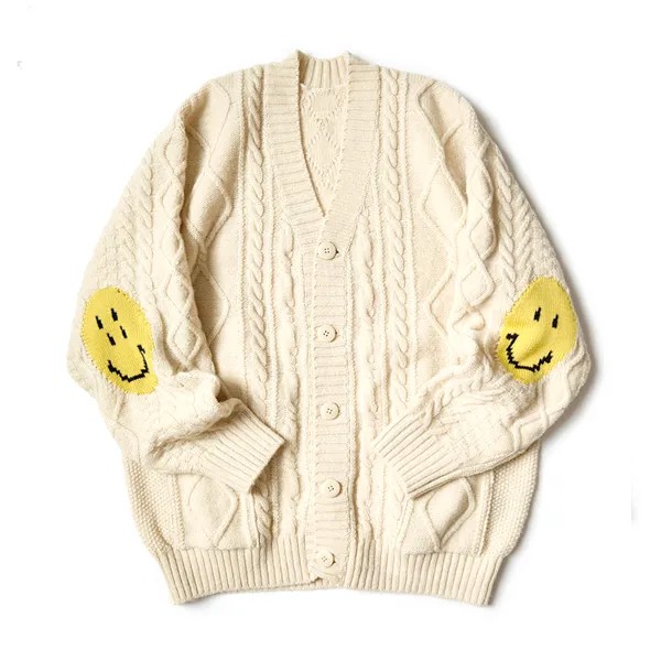 Вязаный свитер Kapital Hirata Hohiro с V-образным вырезом, утолщенный теплый японский винтажный кардиган, куртка, шерстяной свитер с улыбающимся лицо...