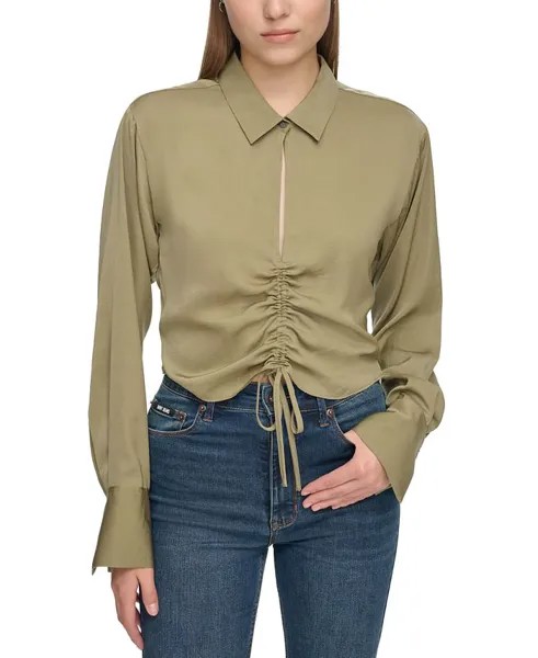 Женский топ с V-образным вырезом, длинными рукавами и рюшами спереди DKNY Jeans, тан/бежевый