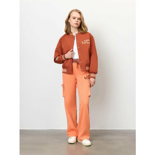 Брюки спортивные JUST CLOTHES Оранжевый,красно-коричневый,белый. Декор махровая нашивка логотипа, термологотип. Пояс резинка, шн, размер XS, оранжевый