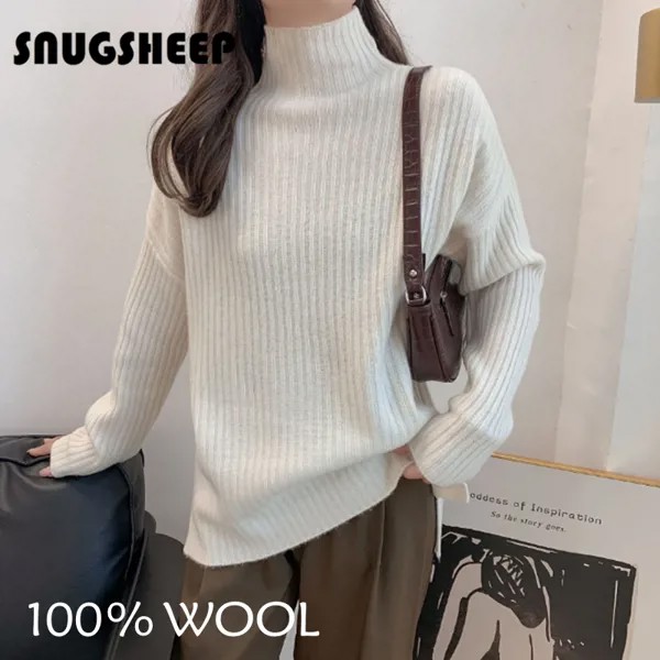 Корейский модный женский топ, шерстяной пуловер, Женская белая водолазка, вязаный свитер, джемпер, зеленый топ, мешковатая модная повседнев...