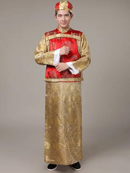 Milanoo Halloween Chinese Costume Gold Qing Dynasty Long Gown With Waistcoat And Hat For Men