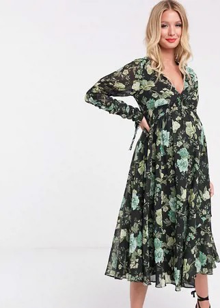 Платье миди с цветочным принтом и присборенной талией ASOS DESIGN Maternity-Мульти