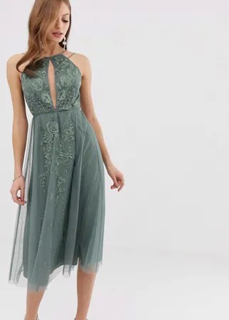Платье миди с кружевными вставками и цветочной вышивкой ASOS DESIGN-Мульти