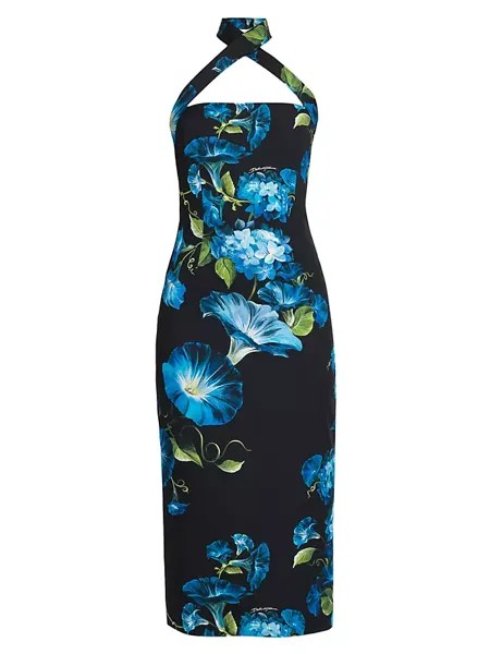 Платье-миди-футляр с бретелькой на шее и цветочным принтом Dolce&Gabbana, цвет campanule nero