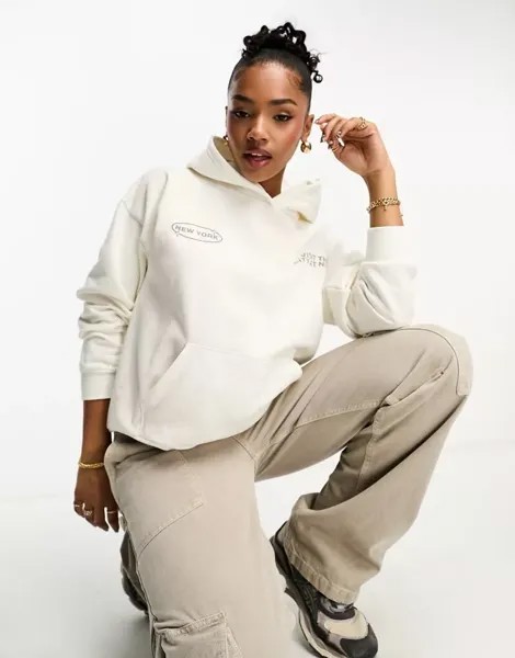 Бежевая худи оверсайз Pull&Bear с принтом «Нью-Йорк» на спине