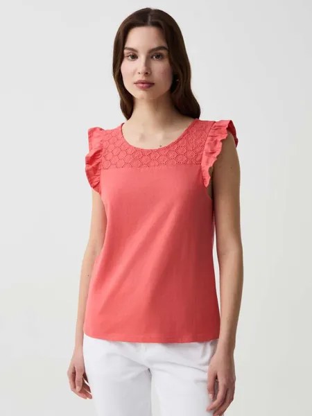 Футболка со вставкой из английской вышивки и воланами Ovs, цвет coral pink