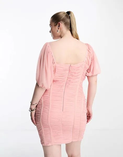 Розовое облегающее платье мини с пышными рукавами Simply Be