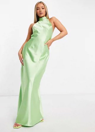 Пыльно-зеленое атласное платье макси с открытой спиной NA-KD x Hanna Schonberg-Зеленый цвет