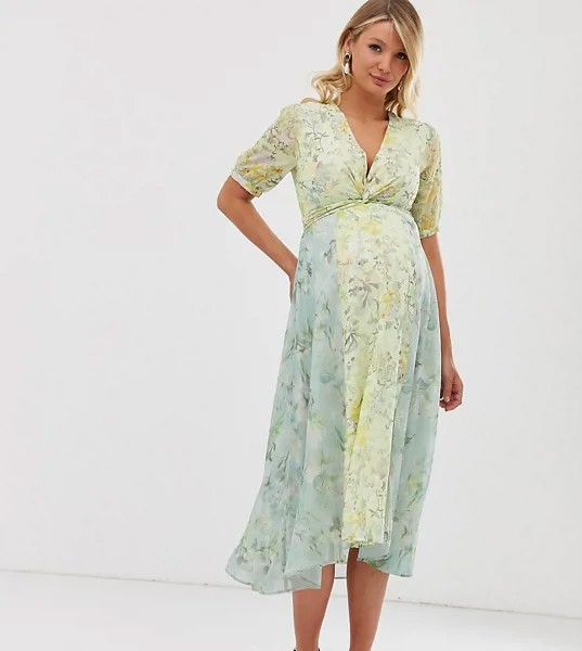 Короткое приталенное платье миди для беременных с запахом спереди и цветочным принтом Hope & Ivy-Мульти