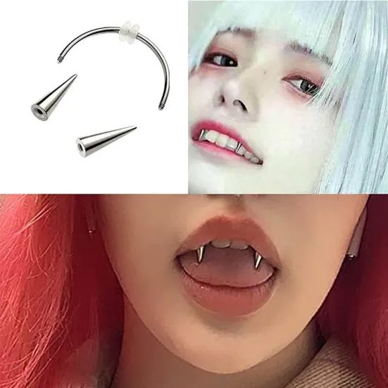 C-образный обруч для губ вампиров Пирсинг Серебристый цвет Компактный C-образный обруч для губ Ужасные вампиры Поддельные зубы для Хэллоуина