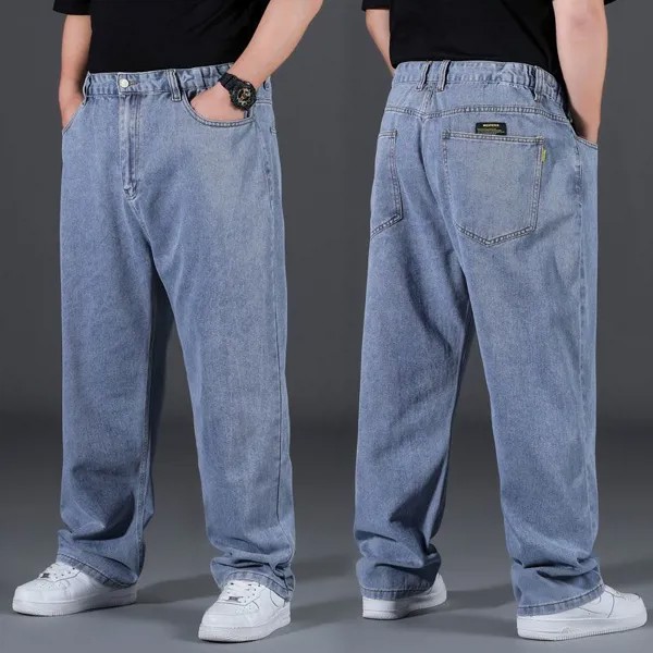 Толстые Мужчины Большой размер Черные Джинсы Оверсайз Высокая талия Свободные брюки Муж Плюс Размер Свободные джинсовые брюки Синий Мужской Джинсовые брюки