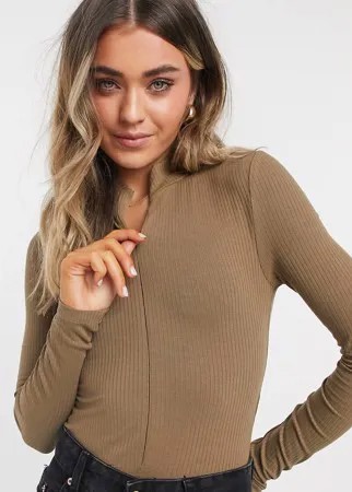Боди оливкового цвета с воротником-стойкой и молнией Topshop-Коричневый цвет