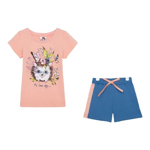 Комплект для девочки (футболка и шорты), цвет бежевый/синий, рост 116 см