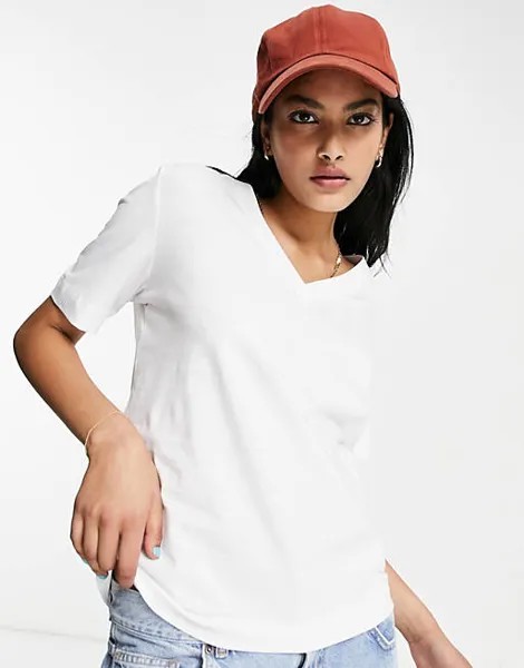 Белая хлопковая футболка с v-образным вырезом и короткими рукавами Selected Femme - БЕЛАЯ