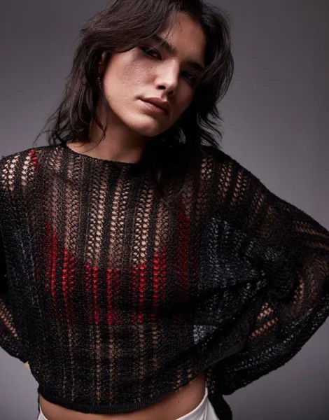Черный вязаный джемпер прозрачной вязки Topshop