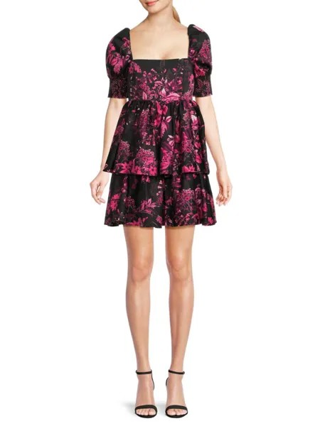 Многоярусное мини-платье Emmalou из хлопка стрейч Alice + Olivia, цвет Black Multi