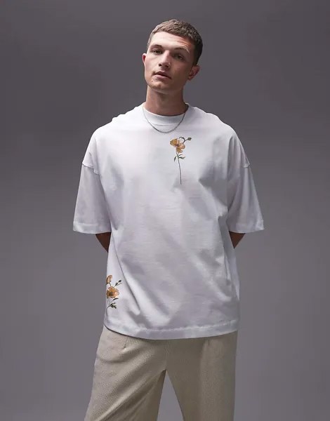 Topman — белая футболка премиум-класса в стиле oversize с желтым цветочным принтом спереди и сзади