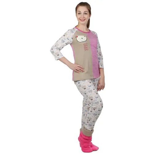 Женская пижама Мишутка Бежевый размер 52 Кулирка Оптима трикотаж футболка с рукавом 3/4 брюки с поясом на резинке