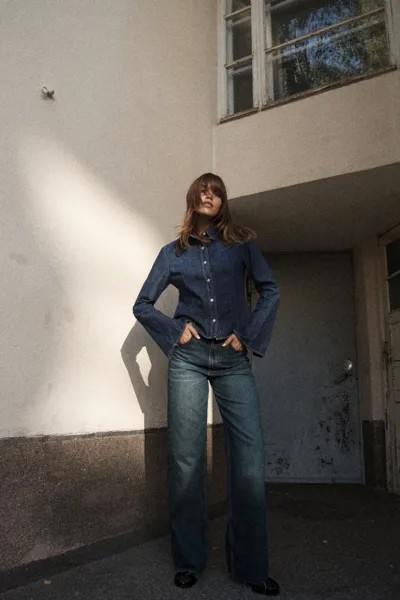 Широкие джинсы с высокой талией и длиной TRF ZARA, индиго