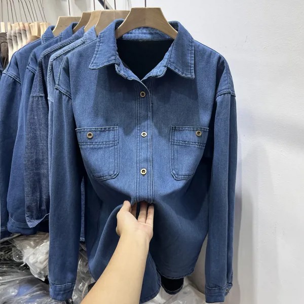 Женская утепленная джинсовая рубашка-поло, Корейская версия, плюшевая рубашка из денима, весна 2023