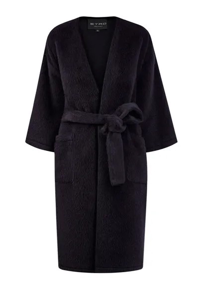 Черное пальто из шерсти альпака с рукавами ¾ и поясом