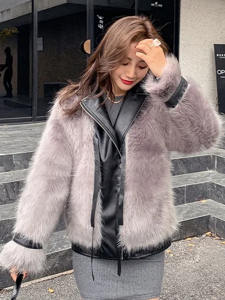 Milanoo Faux Fur Coats For Women Grey Long Sleeves Jewel Neck Short Winter Coat