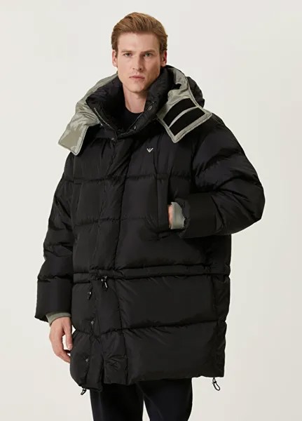Черное пуховое пальто с капюшоном Emporio Armani