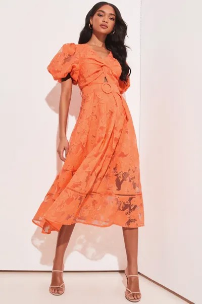 Платье миди премиум-класса из 3D кружева с декоративным вырезом и пышными рукавами Lipsy, оранжевый