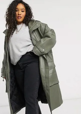 Oversized-парка из искусственной кожи на стеганной подкладке цвета хаки ASOS DESIGN Curve-Зеленый