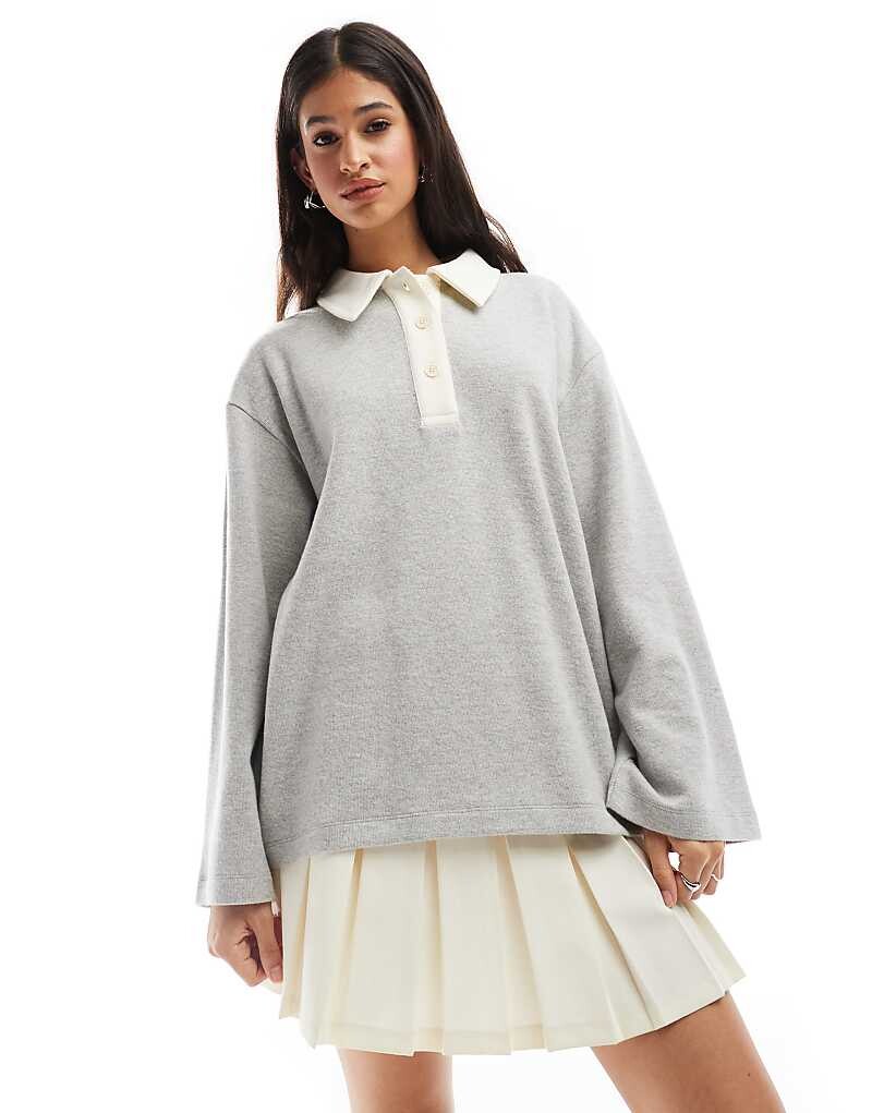 ASOS DESIGN – Очень мягкая рубашка-поло оверсайз светло-серого цвета с длинными рукавами