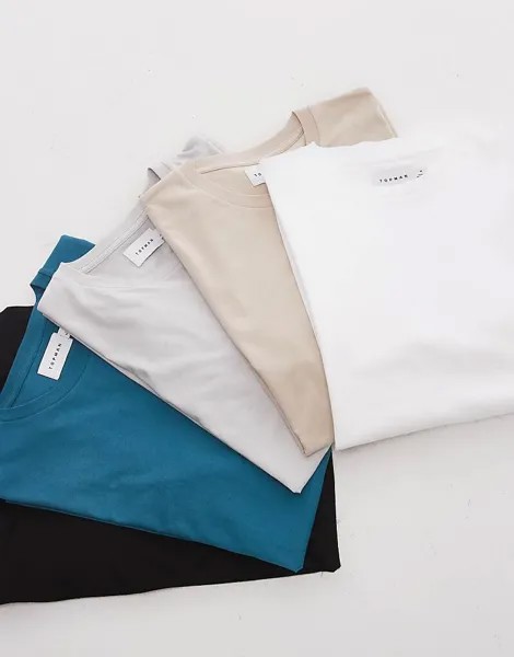 Topman – Classic – Комплект из 5 футболок черного, синего, меланжево-серого, серо-бежевого и белого цветов