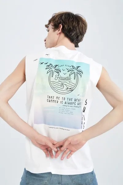 Хлопковая нижняя рубашка свободного кроя с круглым вырезом и тропическим узором на бретелях DeFacto, белый
