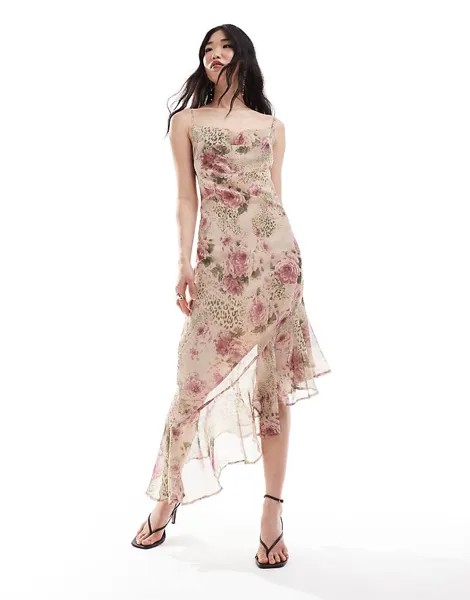 Шифоновое платье-майка Miss Selfridge – с животным цветочным принтом и воротником-хомутом