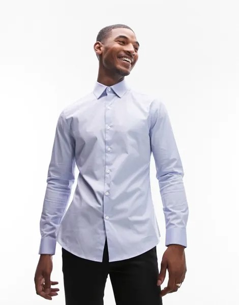 Голубая эластичная рубашка приталенного кроя с длинными рукавами Topman
