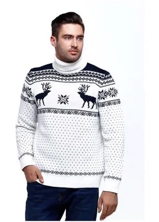 Шерстяной свитер с высоким горлом, скандинавский орнамент с Оленями, натуральная шерсть, белый цвет, размер L