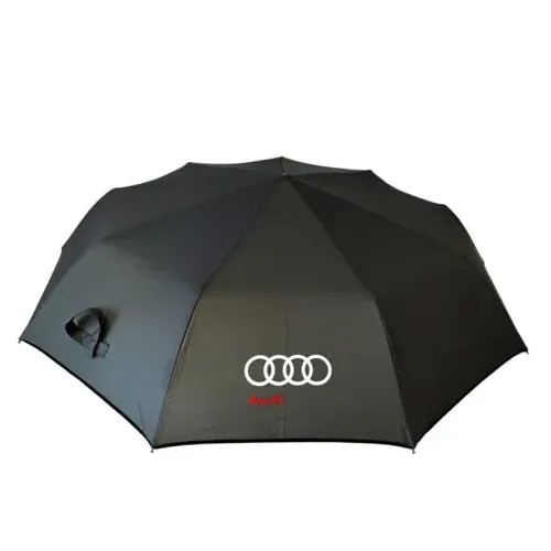 Зонт Audi, автомат, 3 сложения, купол 100 см., 9 спиц, ручка натуральная кожа, чехол в комплекте, серый