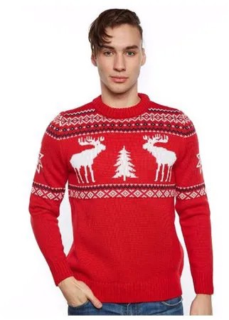 Мужской свитер, классический скандинавский орнамент с Лосями и елками, натуральная шерсть, красный, синий, белый цвет, размер L