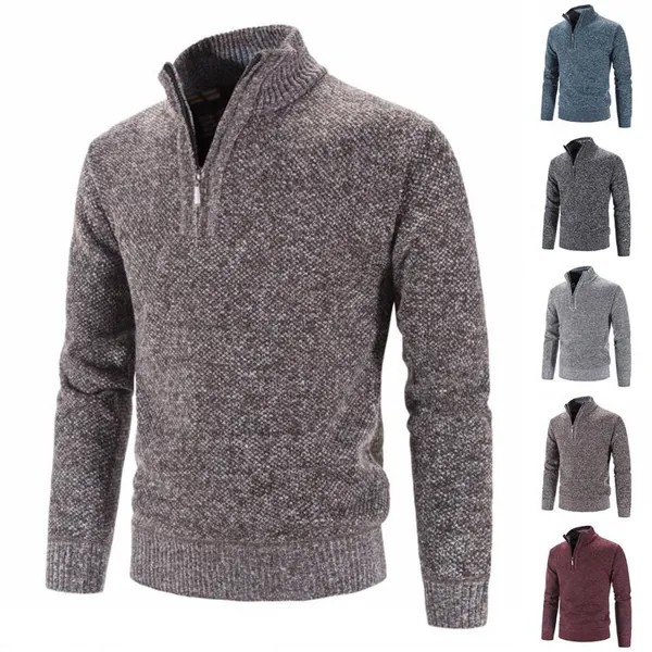Мужская стойка Воротник Половина-Молния Свитер Повседневный Slim Fit Вязаный пуловер Осень Зима Теплый Длинный Рукав Джемпер Топы