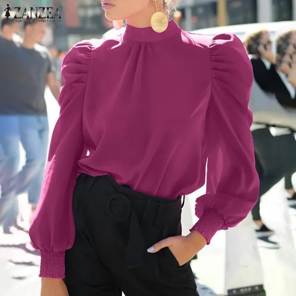 ZANZEA Женщины O-образный вырез Блузка с длинным рукавом Уличная одежда Модная блузка Рубашки